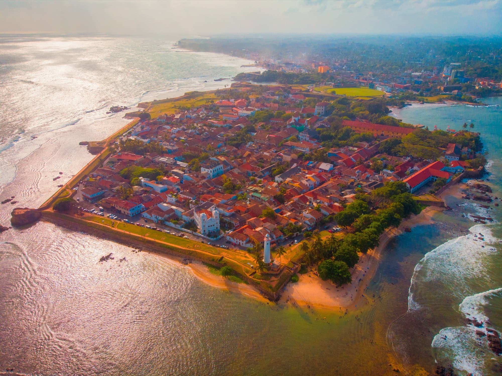 Aerial view of the walled peninsula of Galle Fort meeting the Indian Ocean